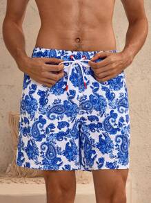Manfinity VDAYZ 1 件男士休闲度假佩斯利花卉印花沙滩短裤情侣款泳装度假，夏威夷风 - 藍色 - 查看 7