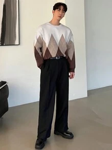 DAZY 男士菱形图案圆领宽松休闲毛衣，适合秋冬日常穿着 - 彩色 - 查看 4