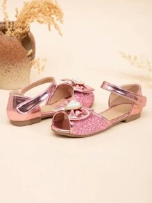 Sandalias princesa planas de punta abierta para niñas con decoración de lazo de metal, brillo, perla y rhinestone - Rosa - Ver 4