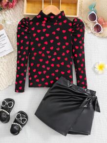 SHEIN Leap Crew 2 件套年轻女孩都市时尚针织圆领长袖上衣和 PU 皮革短裤，NOVA 品牌 - 紅色 - 查看 5