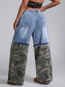 SHEIN ICON 大码拼布美式迷彩工装牛仔裤