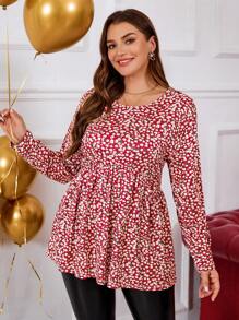 EMERY ROSE Tee-shirt manches longues à volants à imprimé floral fantaisie pour grande taille, vêtements pour le Nouvel An, vêtements pour soirée, vêtements pour la Saint-Valentin