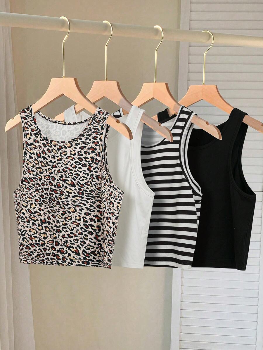 SHEIN LUNE Top débardeur ajusté décontracté et polyvalent pour femmes, avec imprimé guépard graphique - Multicolore - Voir 1