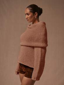 MUSERA Off Shoulder Folded Oversized Cable Knit Jumper Casual Cute Cosy Autumn Fall - Coral Pink - View 2