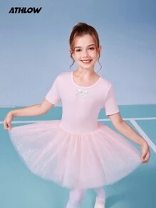 SHEIN Tween 女童优雅校园芭蕾舞粉色可爱亮片薄纱网眼裙芭蕾短裙，运动服 - 粉色 - 查看 7