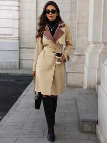 SHEIN Clasi Abrigo de gabardina para mujer con cintura entallada y cuello de cuadros, minimalista - Caqui - Ver 1