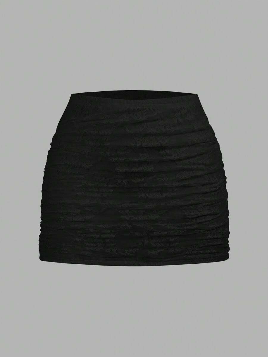 SHEIN EZwear 女士性感分层半透明黑色花朵蕾丝迷你裙，合身 - 黑色 - 查看 1