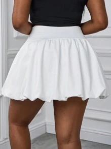 SHEIN PETITE CURVE 大码纯色褶皱泡泡裙，休闲度假 - 白色 - 查看 2