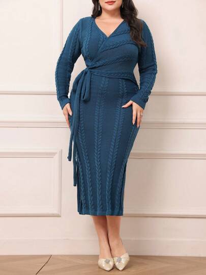 Modelyn 大码休闲纯色系带裹身毛衣连衣裙，秋冬