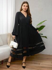 SHEIN Clasi 大码纯色网眼撞色 V 领长袖休闲连衣裙 - 黑色 - 查看 1