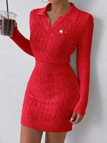 Chiquease White Embroidered Pony Logo Knit Polo Top, Fitted & Sexy Sweater Dress