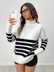 SHEIN PETITE Women's Autumn And Winter Super Loose Turtleneck Black And White Contrast Striped Long Butt-Covering Sweater - Black and White - View 7