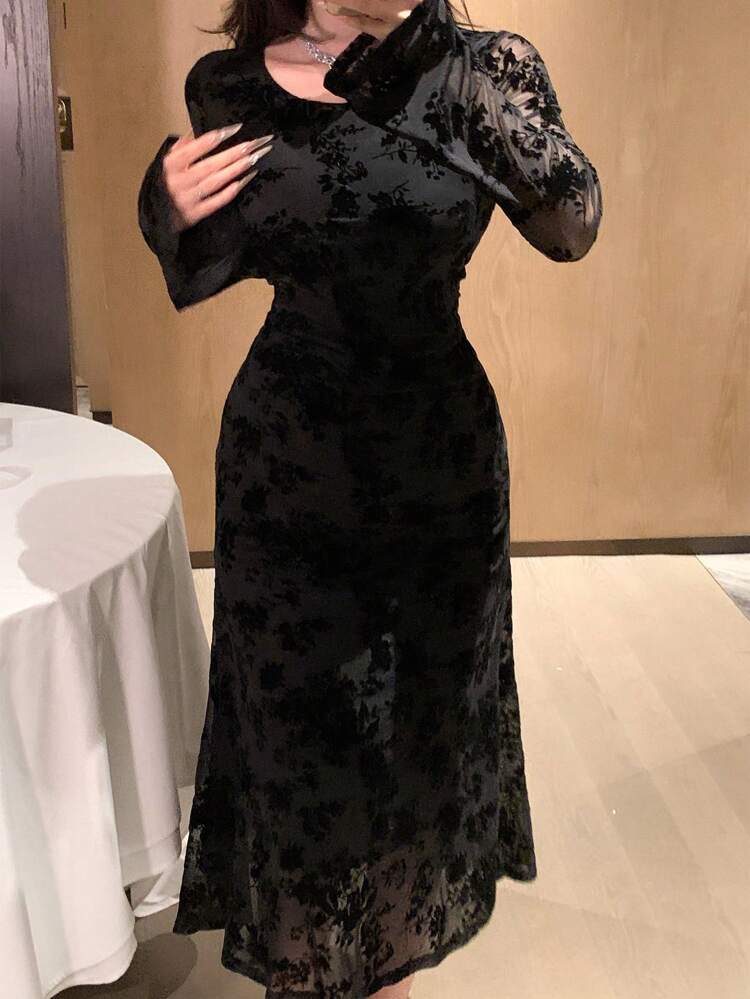 Women's Mid-Length Valentine's Day Floral Allover Print Flocked And Mesh Mini Dress, Spring/Fall Elegant Long Sleeve Dress Prom Dress