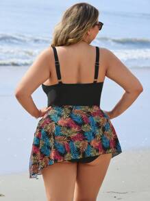 Swim Lushoire Damen Große Größen schwarzes Palmenblatt Kreuz-Träger Strand-Kleid für den Sommerurlaub - Schwarz - Übersicht 3