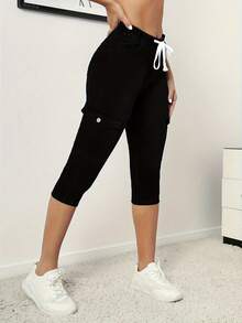 Women's Drawstring Waist Casual Stretch Skinny Capri Denim Pants - Black - View 3