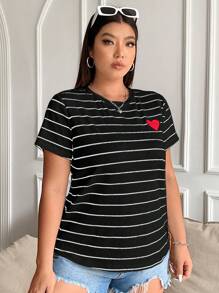 SHEIN EZwear Plus Size Women's Heart Embroidery Striped Knit T-Shirt, For Summer - Black - View 5