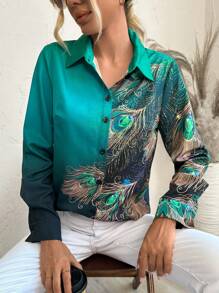 EMERY ROSE Feather Print Button Front Shirt Fall Cloth For Women