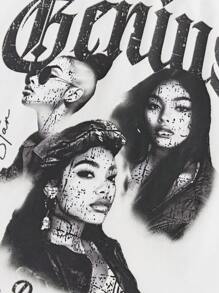 Young Girl Street Style Hiphop Portrait & Letter Print Loose T-Shirt And Pleated Pants 2 Pieces Set