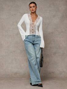 SHEIN BAE Ropa de invierno para mujer, cárdigan con top de encaje sexy de manga larga, top de Navidad