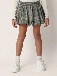 SUMWON Tween Mädchen bequemes langärmliges Ripp-Shirt mit kariertem Minirock mit Puffärmeln 2-teiliges Set