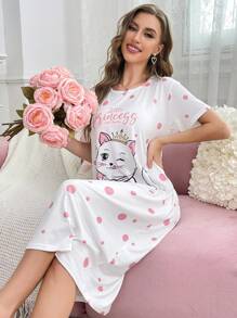 女士可爱猫咪与波尔卡圆点字母印花睡衣裙，Moo Moo - 彩色 - 查看 6