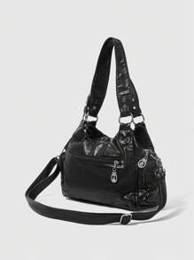 ROMWE Kawaii 朋克风格系带机车女士手提包，女士休闲斜挎包，哥特风格，万圣节包，非常适合与万圣节服装搭配的化装派对 - 黑色 - 查看 2