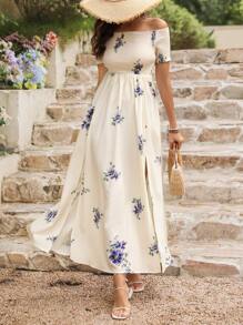 SHEIN VCAY 女士露肩高开叉 A 字形印花浪漫夏季度假连衣裙 - 彩色 - 查看 3