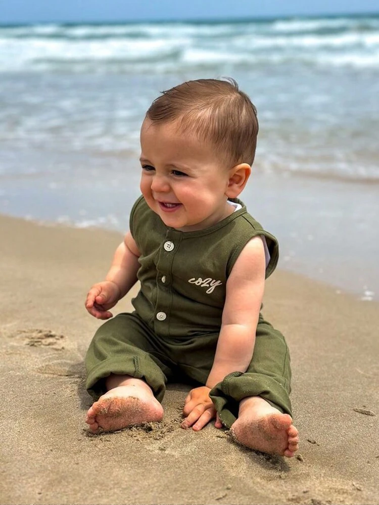 Baby Boys' Letter Printed Sleeveless Jumpsuit With Round Neckline