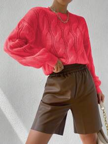 SHEIN Unity Suéter casual de mujer de cuello redondo y hombros caídos, de unicolor, para otoño/invierno - Rosa Fucsia - Ver 3