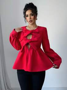 Chiquease 女士红色圣诞派对度假中国新年蝴蝶结可爱优雅约会保暖长袖荷叶边收腰修身大衣 - 紅色 - 查看 4