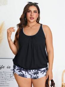 Swim Lushoire Tankini de verano para mujer de talla grande con patrón de árbol de coco y borde dentado