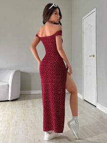 SHEIN EZwear 女式露肩全印花长开衩连衣裙 - 紅色 - 查看 2