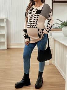 SHEIN Floral & Geometric Pattern Pregnant Women Long Sleeve Knitted Sweater, Winter