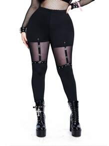 Whyspr 大码时尚高腰修身打底裤，配撞色网眼嵌件和金属扣装饰，打底裤