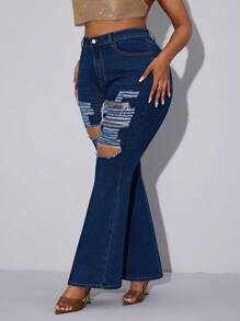 Slaydiva Plus Size Women Elastic Denim Sexy Distressed Flare Jeans - Blue - View 2