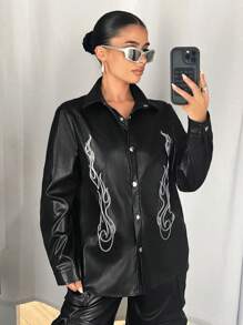 SHEIN ICON Áo khoác thường ngày thêu ngọn lửa PU dáng rộng cho nữ, tay dài - màu đen - Xem 3