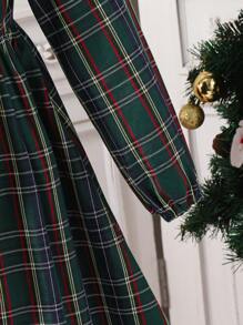 Tween Girls Classic Plaid Double Breasted Dress With Hood, Fashion British Style - Green - View 3