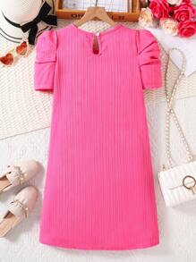 SHEIN Tween 女童纯色圆领短款泡泡袖可爱连衣裙