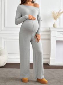 SHEIN Maternity Jumpsuit, Casual Solid Color Top And Pants