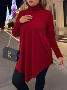 SHEIN CURVE+ Women's Solid Color Knit Asymmetric Hem Turtleneck Long Sleeve Casual T-Shirt, Suitable For Spring And Autumn