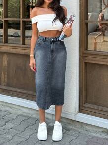 EURMUSE HIGH RISE MIDI LENGHT SLIT DETAIL GREY WOMEN DENIM SKIRT - Grey - View 3