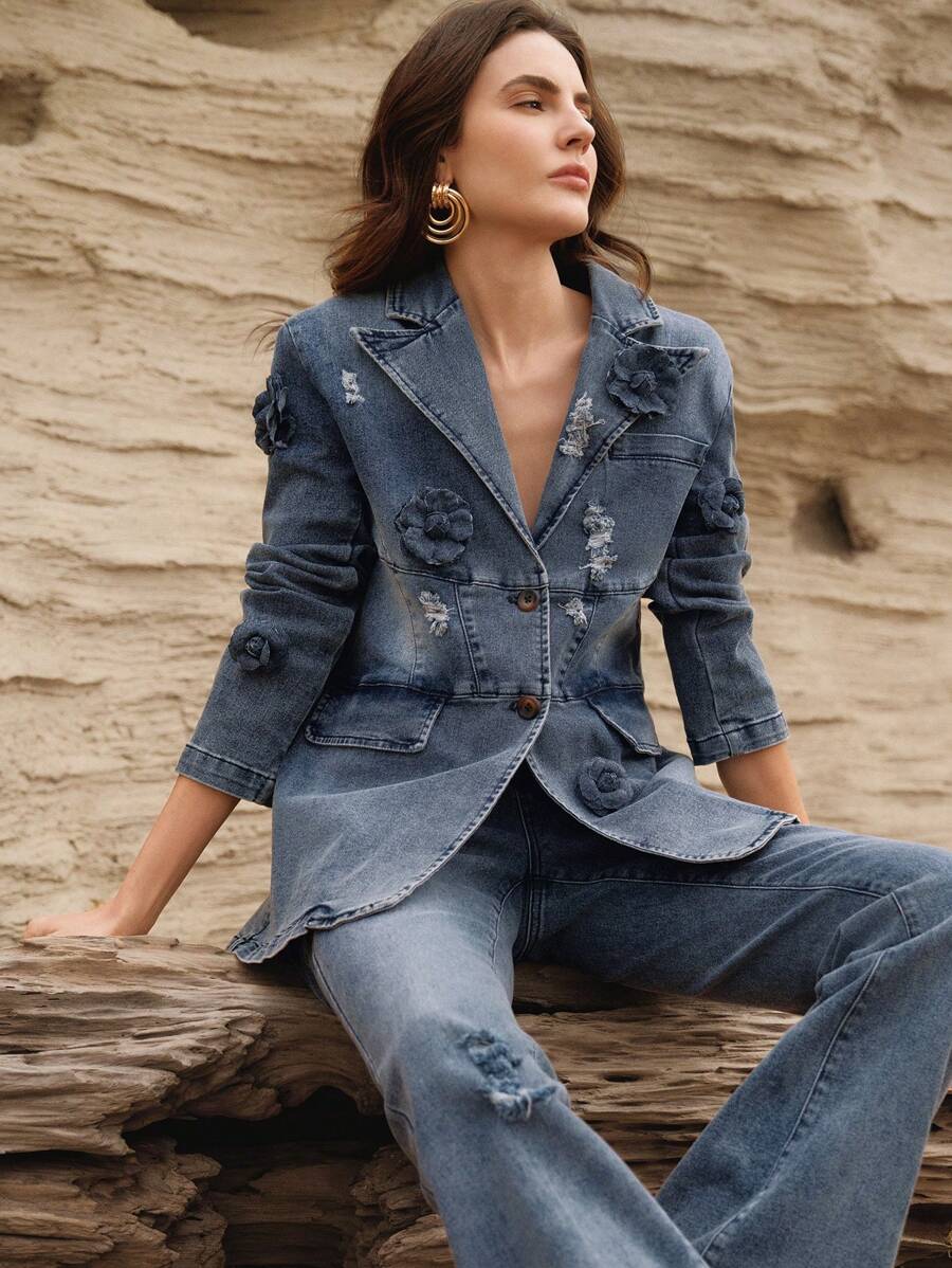 Anewsta Áo khoác denim dáng rộng được trang trí công phu dành cho nữ, giúp thon gọn - Màu xanh lam - Xem 1