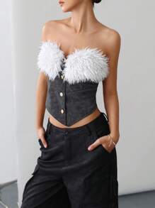 Retro Contrast Color Fluffy Patchwork Waist Crop Top, Stylish Spring Women's Blouse Valentine's Day - Multicolor - View 5