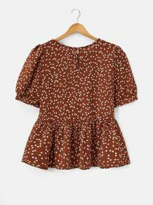 SHEIN VCAY Áo sơ mi dệt tay bồng in hình trái tim giản dị - màu nâu - Xem 2