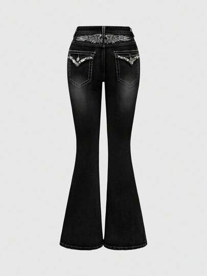 Goth Jeans casual a vita bassa con ricamo di strass a forma di ali per donna