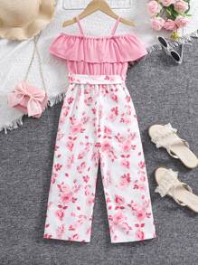 Fashionable Casual Holiday Ruffled Neck Sleeveless Floral Print Romper Jumpsuit For Little Girls, Suitable For Spring/Summer Vacation - Multicolor - View 2