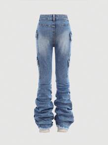 SHEIN Girlism Tween Girls Y2K Stonewashed Flared Denim Jeans With Pleats And Flap Pocket Stacked Jeans With Cargo Pockets - Medium Wash - View 2