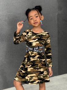 Girls Casual Versatile Sport Classic Camouflage Round Neck Long Sleeve Waist Cross Letter Ribbon Cropped Dress - Army Green - View 7