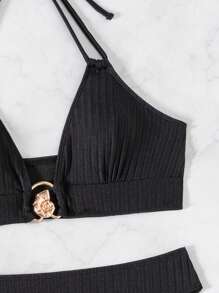 3pcs/Set Women Solid Color Tie Halter Bikini With Metal Buckle And See-Through Backless Skirt, Sexy Summer - Black - View 5