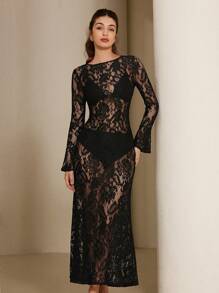 Aveloria Rosie Robe en dentelle transparente à manches évasées, col rond, taille élastique, élégante et sexy. Gracieuse pour les dames au printemps/été, Saint-Valentin